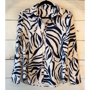 OTG Zebra Print Button Down Blouse Navy White Pink Piping DS5104-M590 Womens M
